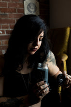 Load image into Gallery viewer, Grey Glass Spell Candle / Skull Glass Jar Candle / Memento Mori Coffee and Pumpkin Spice Scent
