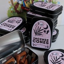 Load image into Gallery viewer, Incense Cones / 15 Scented Incense Cones in Pink Boho Nature Tin / Lavender Sage Vanilla Patchouli Dragons Blood Scents