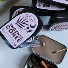 Load image into Gallery viewer, Incense Cones / 15 Scented Incense Cones in Pink Boho Nature Tin / Lavender Sage Vanilla Patchouli Dragons Blood Scents