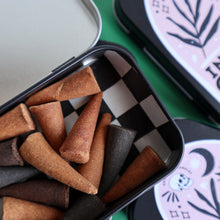 Load image into Gallery viewer, Incense Cones / 15 Scented Incense Cones in Pink Boho Nature Tin / Lavender Sage Vanilla Patchouli Dragons Blood Scents