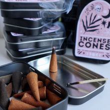 Load image into Gallery viewer, Incense Cones / 15 Scented Incense Cones in Pink Boho Nature Tin / Lavender Sage Vanilla Patchouli Dragons Blood Scents
