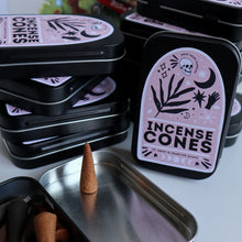 Load image into Gallery viewer, Incense Cones / 15 Scented Incense Cones in Pink Boho Nature Tin / Lavender Sage Vanilla Patchouli Dragons Blood Scents