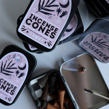 Load image into Gallery viewer, Incense Cones / 15 Scented Incense Cones in Pink Boho Nature Tin / Lavender Sage Vanilla Patchouli Dragons Blood Scents
