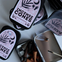 Load image into Gallery viewer, Incense Cones / 15 Scented Incense Cones in Pink Boho Nature Tin / Lavender Sage Vanilla Patchouli Dragons Blood Scents