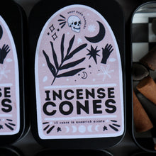 Load image into Gallery viewer, Incense Cones / 15 Scented Incense Cones in Pink Boho Nature Tin / Lavender Sage Vanilla Patchouli Dragons Blood Scents
