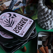 Load image into Gallery viewer, Incense Cones / 15 Scented Incense Cones in Pink Boho Nature Tin / Lavender Sage Vanilla Patchouli Dragons Blood Scents