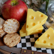 Load image into Gallery viewer, Cheese Shaped Candle / Swiss Cheese Triangle Candle / Charcuterie Board Cheese Lover Hostess gift