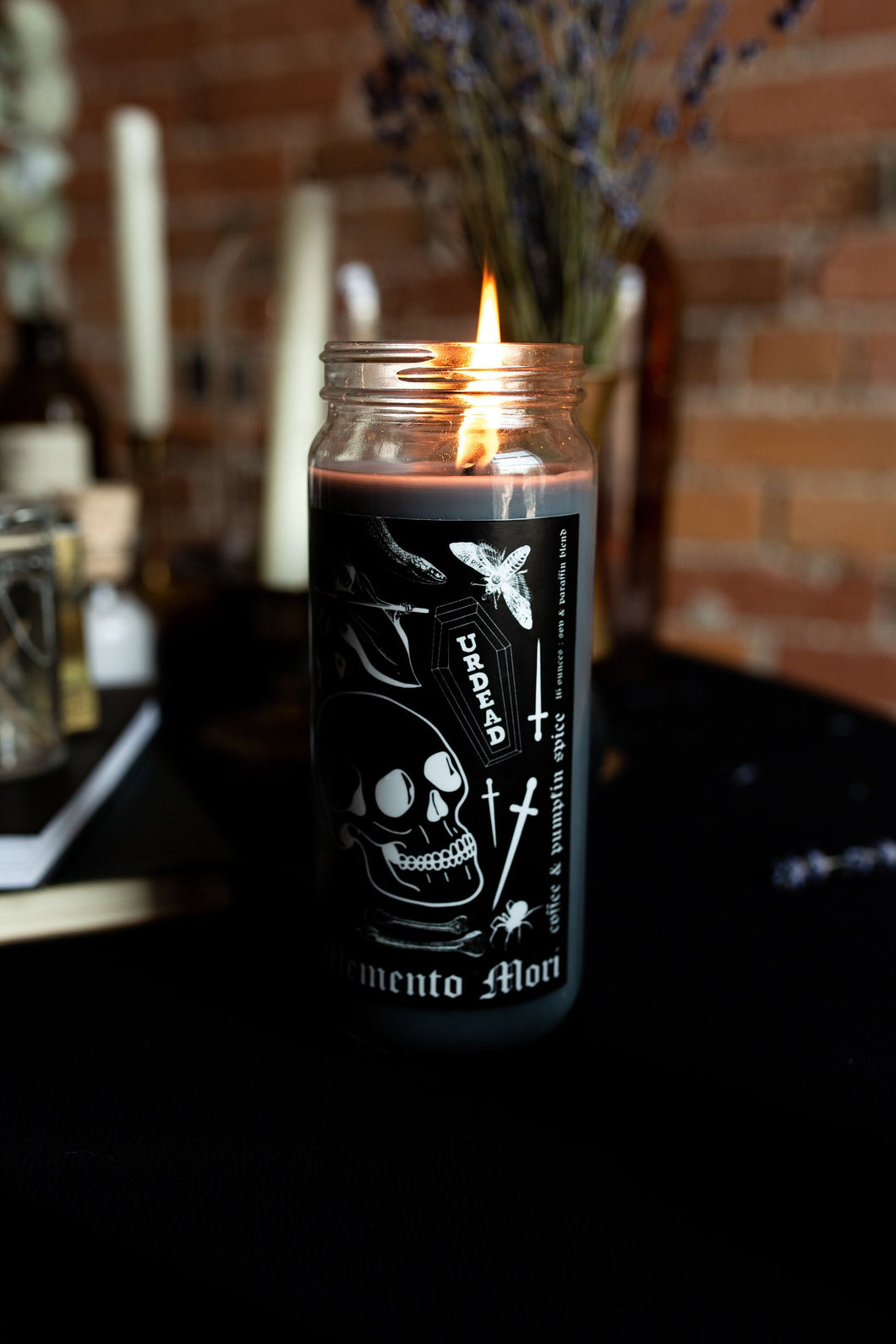 Grey Glass Spell Candle / Skull Glass Jar Candle / Memento Mori Coffee and Pumpkin Spice Scent
