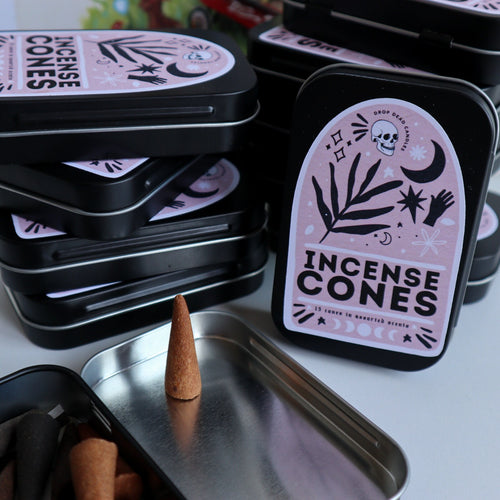 Incense Cones / 15 Scented Incense Cones in Pink Boho Nature Tin / Lavender Sage Vanilla Patchouli Dragons Blood Scents