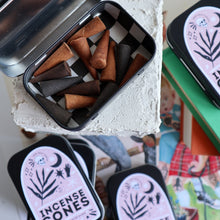 Load image into Gallery viewer, Incense Cones / 15 Scented Incense Cones in Pink Boho Nature Tin / Lavender Sage Vanilla Patchouli Dragons Blood Scents
