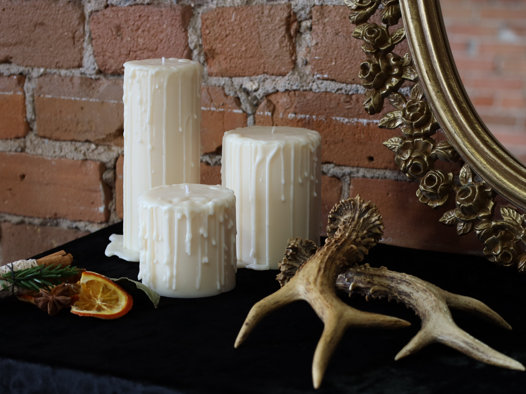 Cream Drip Pillar Candles - Set  of Three
